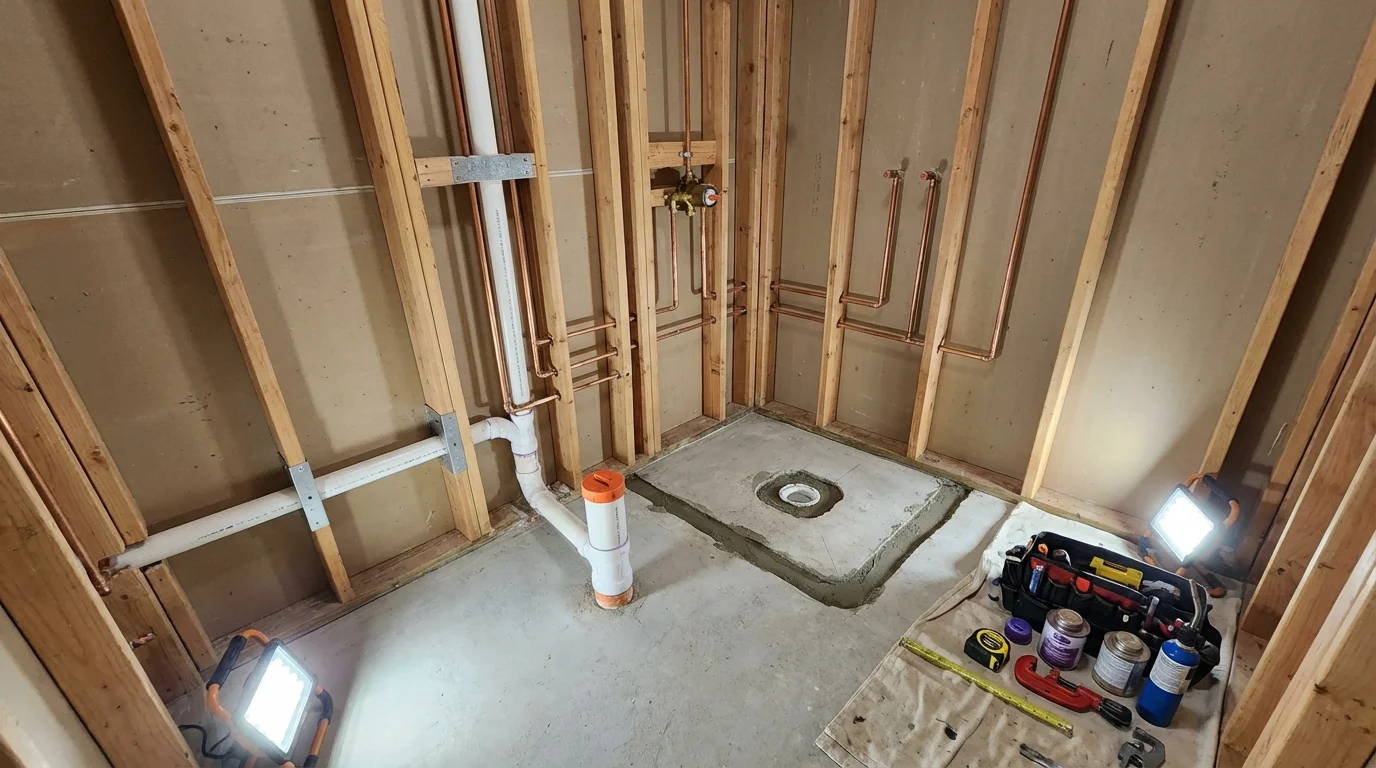 Bathroom rough-in plumbing during remodel by Johns Plumbing LLC in Rugby