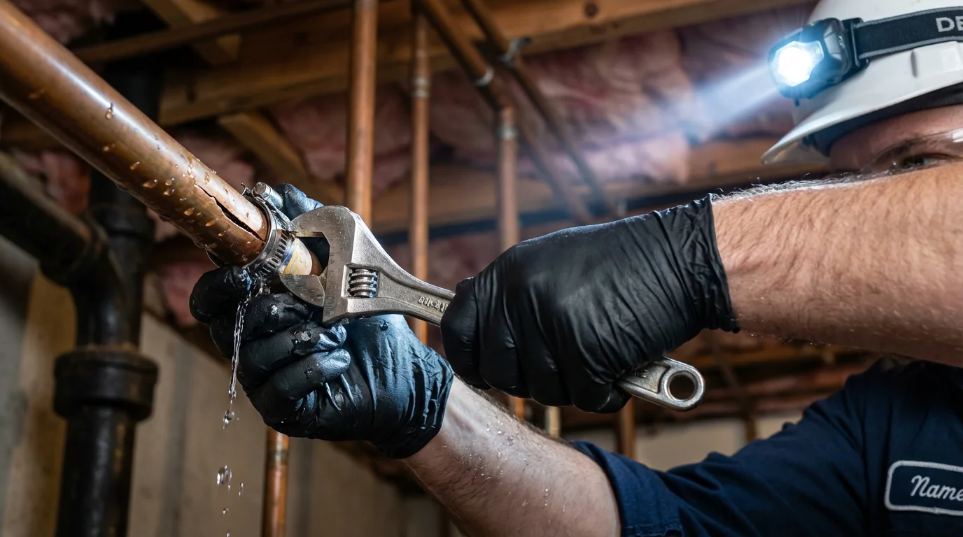 Emergency pipe clamp repair being performed by a Johns Plumbing LLC plumber in Rugby