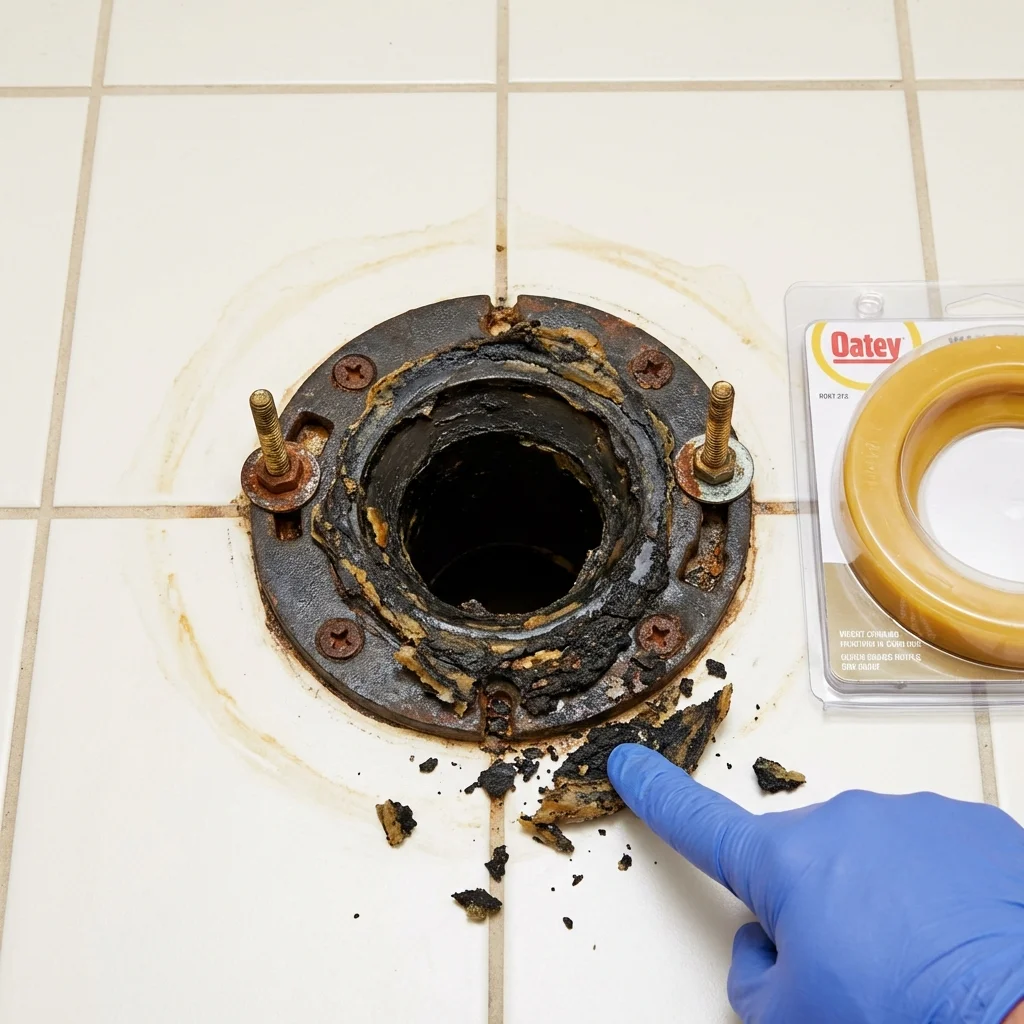 Failed wax ring showing water seepage at the base of a toilet in a Rugby, ND home