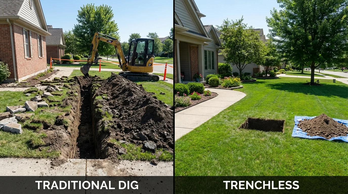 Trenchless sewer repair with minimal yard damage versus traditional excavation in Rugby, ND